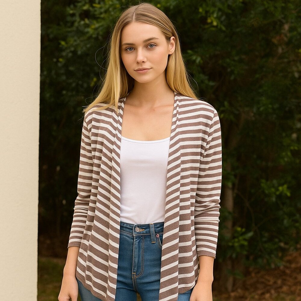 NWOT Ann Taylor Hi Low Cardigan S Beige Stripe Knit Open Front Modern